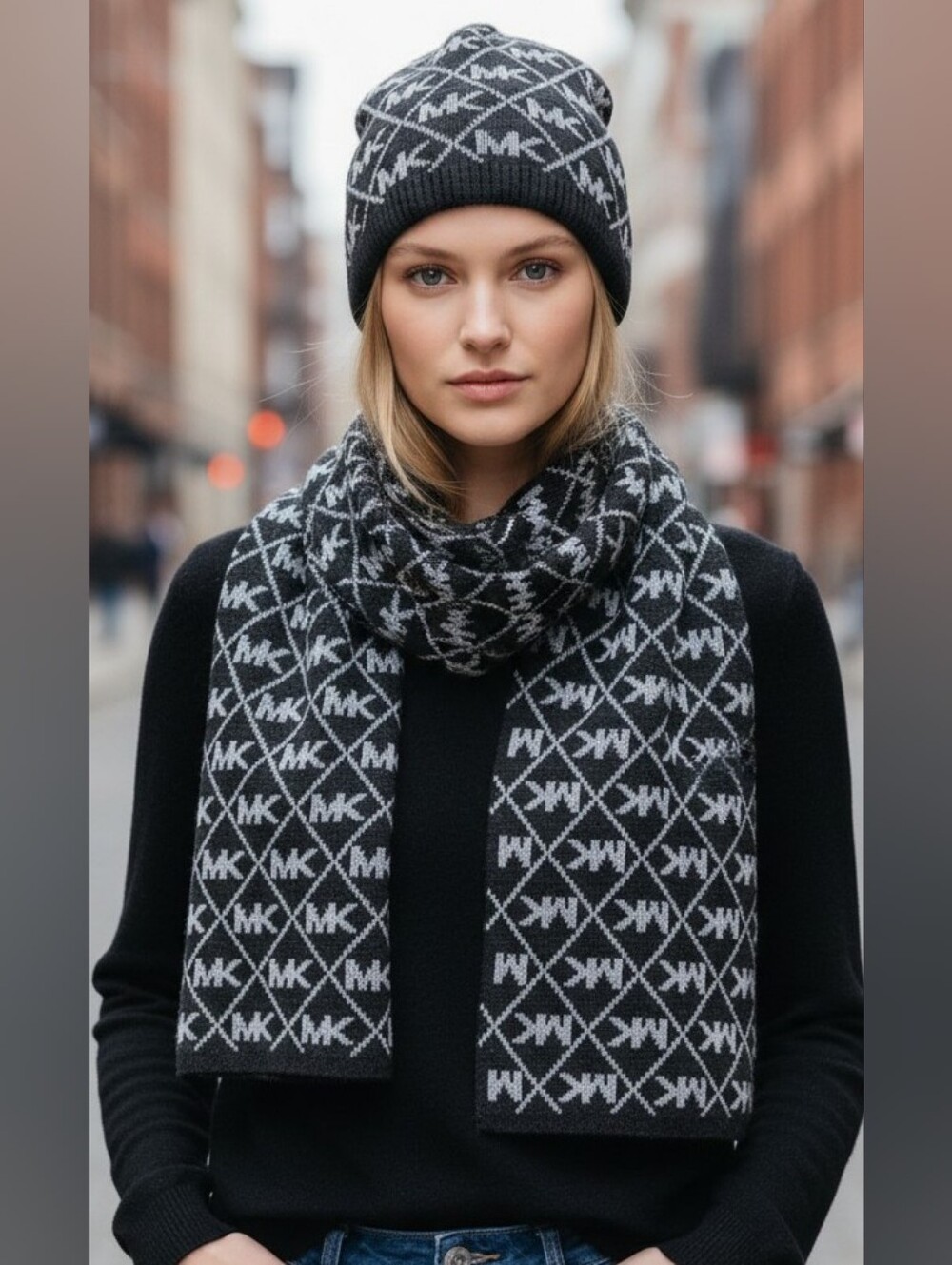 Michael Kors Scarf & Hat (GIFT) Set Gray Diamond Metallic Silver MK Logo Print
